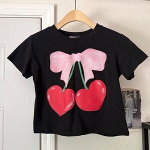 MISS POPULAR black bow cherry fruit graphic baby crew neck cropped tee t-shirt